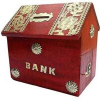 Wooden hut shape piggy bank with brass work and lock red and gold