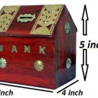 Wooden hut shape piggy bank with brass work and lock red and gold