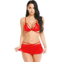 Self Design Babydoll Dress With G String Panty (Red)