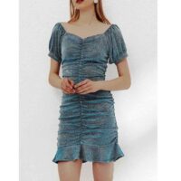Women Bodycon Ruched Blue Dress